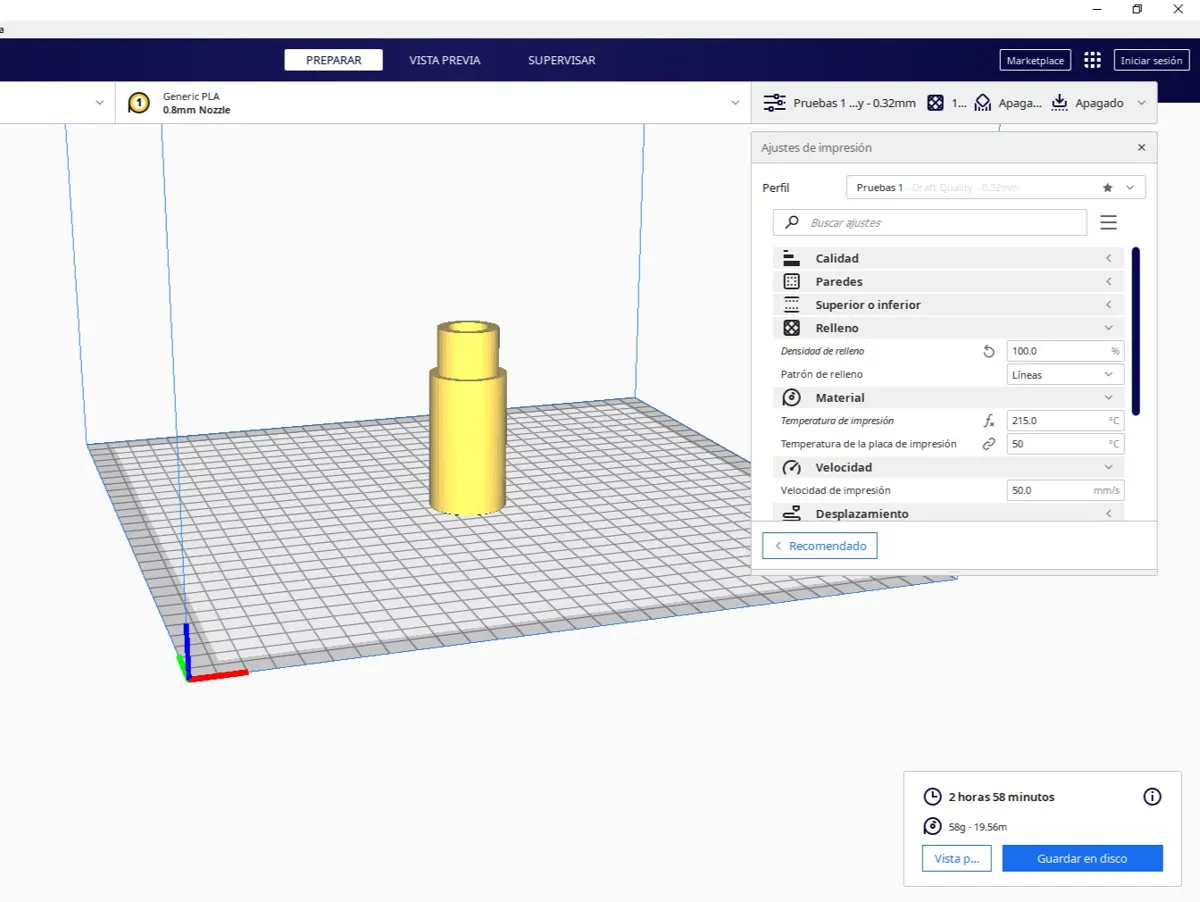 configuración impresora 3d util monta retenes